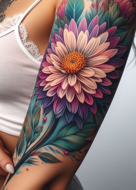 Cover Up Flowers Tattoo, Hummingbird Flower Tattoo Sleeve, Purple Cosmos Flower Tattoo, Feminine Tattoo Sleeves Color, Astor Flower Tattoo, Geometrical Flower Tattoo, Poppy And Peony Tattoo, Mason Jar Tattoo Flowers, Colorful Floral Sleeve Tattoos For Women