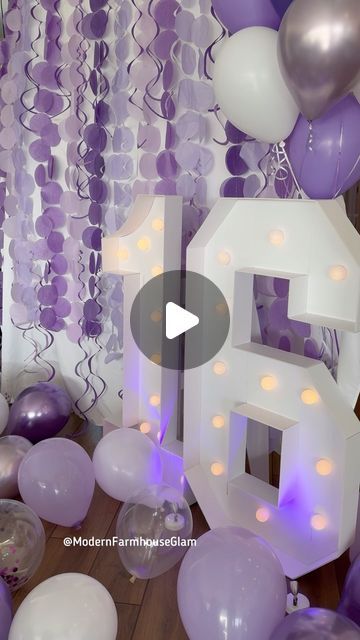 Modern Farmhouse Glam | Amy Long on Instagram: "🎂🥳 Comment PARTY and I’ll dm you with all the supplies I used to make my photo backdrop for my daughter’s Sweet 1️⃣6️⃣ Birthday Party! 

🎉My daughter loved her Sweet Sixteen Party on Friday night and she got the cutest pics with all her friends in front of this photo backdrop! The giant 4ft light-up 16 numbers were totally worth it and I added some purple spotlights to create some more ambience.  The spotlights also have other color options, so you can use them for other birthday or party color themes. 

🎈Having LOTS of balloons floating around on the floor is an easy and inexpensive decoration to make your party festive and fun.  We had a TON of different shades of purple and white and clear with confetti balloons all over the house.  I Balloon Backdrop Purple, Purple Backdrop Birthday, Sweet 16 Photo Backdrop Ideas, Purple Themed Birthday Party Ideas, Purple Decorations Party Birthday, Light Purple Birthday Party Ideas, Sweet 16 Party Ideas Purple, Purple Sweet 16 Decorations, Purple Themed Birthday Party