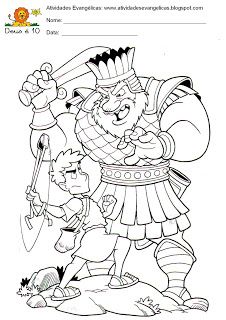 Atividades Evangélicas: Davi e Golias para imprimir, colorir. David And Goliath Craft, Youth Bible Study, Bible Heroes, Sunday School Coloring Pages, Vbs Themes, Sunday School Crafts For Kids, David And Goliath, Bible Study For Kids, Bible Coloring Pages