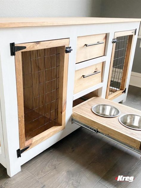 This DIY Dog Crate Console is the perfect combination of form and function. Forget retail dog crates and build a piece of furniture that will accommodate two large dogs. It has plenty of drawers for storage and the bottom drawer hides the food and water! Free plans by www.shanty-2-chic.com Wooden Dog Crate Plans, Dog Crate Plans, Dog Crate End Table, Double Dog Crate, Dog Crate Table, Crate End Tables, Diy Dog Crate, Wooden Dog Crate, Dog Kennel Furniture