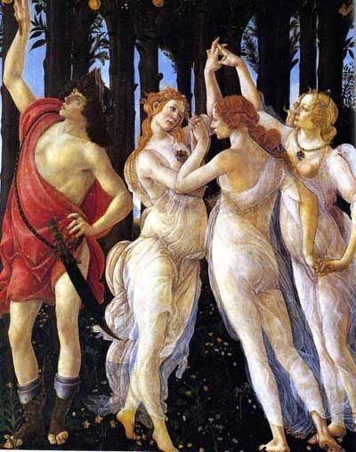 The three Graces and Mercury, Detail. from La Primavera by Botticelli. These superbly drawn figures add to the charm and mystery of one of Botticelli's most complex and analysed paintings. Women Dancing, Giorgio Vasari, Istoria Artei, The Three Graces, Sandro Botticelli, History Humor, Three Graces, Italian Painters, History Projects