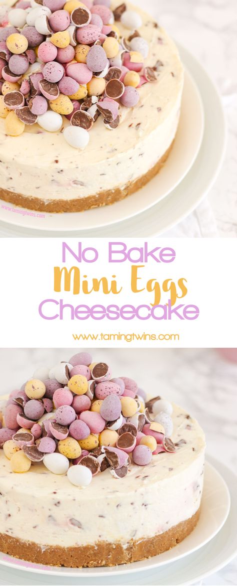 THE Easter dessert! *WITH VIDEO GUIDE* This No Bake Mini Egg Cheesecake is light and easy peasy, packed with Easter chocolate treats. A crumbly biscuit base, topped with whipped cream and cream cheese, absolutely delicious and easy enough for even the beginner. https://www.tamingtwins.com via @tamingtwins No Bake Easter Cheesecake Recipes, No Bake Mini Egg Cheesecake, Easter No Bake Cheesecake, Easter Egg Dessert Ideas, Eggie Cheesecake, Cheesecake Decorations, Easter Eyfs, Mini Egg Cheesecake, Patisserie Recipe