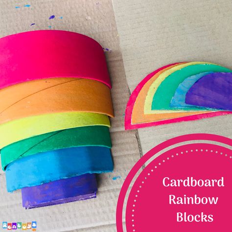 Colourful 6 piece cardboard rainbow stacker for kids Rainbow Paper Storage, Cardboard Rainbow Collage, Cardboard Rainbow, Wooden Rainbow Stacker Ideas, Cardboard Play, Rainbow Stacker, Wooden Rainbow Toy, Rainbow Blocks, Diy Rainbow