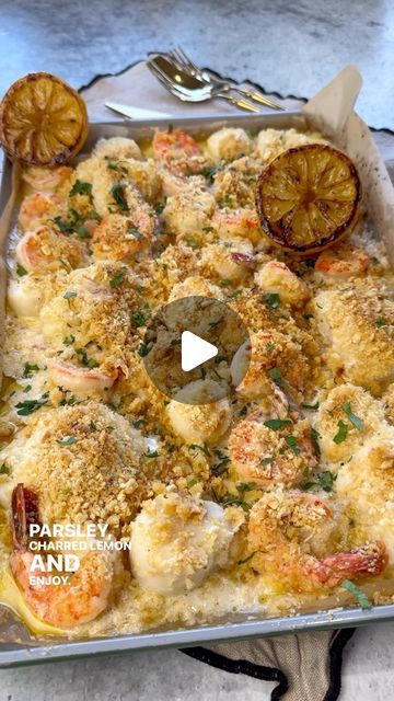 Scallops And Shrimp, Charred Lemon, Wine Butter Sauce, Parmesan Crackers, Seafood Casserole Recipes, Wine Butter, Seafood Bake, Baked Cod, Scallop Recipes