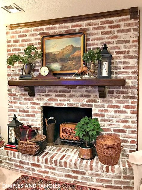 Fireplace Makeover Tutorial || Mortar Wash Technique || Dimples and Tangles White Wash Brick Fireplace, Red Brick Fireplaces, Fireplace Redo, Painted Brick Fireplaces, Fireplace Update, Brick Fireplace Makeover, White Wash Brick, Brick Exterior House, Fireplace Remodel