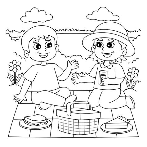 Vector spring girl and boy having a picn... | Premium Vector #Freepik #vector #outline #line-illustration #color-book #colouring Logo Design Agency, Free Kids Coloring Pages, Cardboard Crafts Diy, Summer Coloring Pages, Spring Kids, Bahasa Melayu, Spring Girl, Oil Pastel Drawings, Girl And Boy