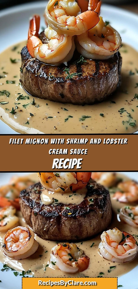 Ingredients:

4 filet mignon steaks (6-8 oz each)
2 tbsp olive oil
1/2 cup lobster meat, chopped
1/2 cup shrimp, peeled and deveined
1 cup heavy cream
Succulent filet mignon topped with a rich shrimp and lobster cream sauce—a truly indulgent and elegant dish, perfect for special occasions. Recipes With Filet Mignon, Lobster Cream Sauce For Steak, Filet Mignon With Shrimp And Lobster Cream Sauce, Shrimp Sauce For Steak, Lobster Sauce For Steak, Lobster Butter Sauce, Steak Cream Sauce, Lump Crab Meat Recipes, Steak And Lobster Dinner