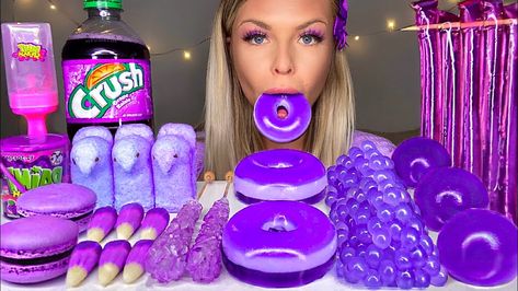 Hunnibee Asmr, Sour Candy Recipe, How To Make Purple, Strange Food, Peeps Candy, Popping Boba, Jelly Donut, Grape Crush, Candy Videos