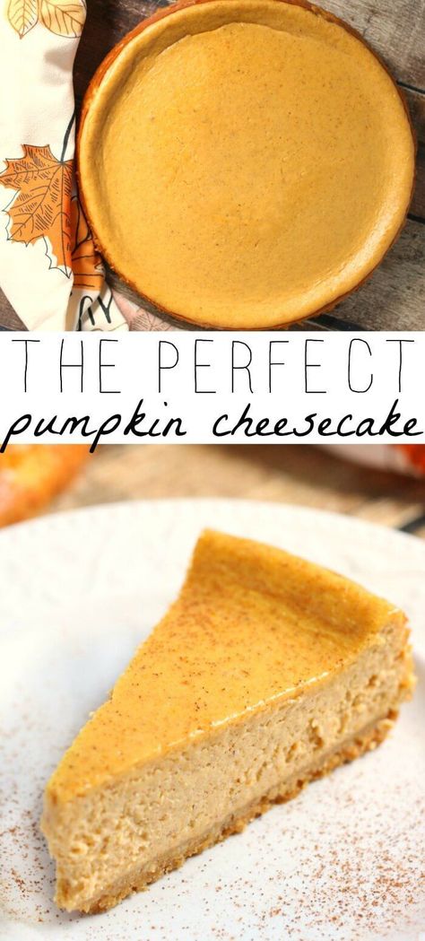 Pumpkin cheesecake is silky, sweet, smooth, and everything that is right in the world. This is a total fall no-brainer and the perfect addition to any meal. Easy Pumpkin Cheesecake, Pumpkin Spice Ice Cream, Baked Pumpkin Oatmeal, Pumpkin Pie Spice Recipe, Pie Spice Recipe, Savory Cakes, Pumpkin Cheesecake Recipes, Keylime Pie Recipe, Pumpkin Pudding