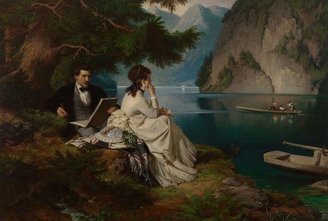 Ludwig Thiersch (1825 - 1909) LEASURE TIME BY THE KÖNIGSSEE, BERCHTESGADENER LAND (BAVARIA) Victorian Paintings, William Adolphe Bouguereau, Couple Sketch, Romantic Paintings, Elegant Couple, Art Ancien, Art Society, Paintings I Love, Victorian Art