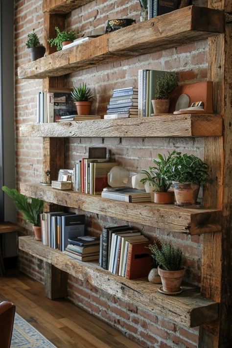 21 Brilliant Bookshelf Ideas to Transform Your Space Brick Wall Bookshelf, Diy Live Edge Bookshelf, Wall Bookshelves Design, Small Corner Built In Shelves, Brick Wall Shelves, Wrap Around Bookshelves, Built In Display Shelves, Rustic Built Ins, Apothecary Bookshelf