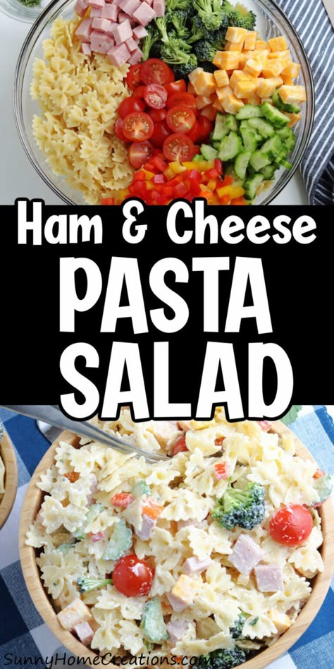 This ham and cheese pasta salad is loaded with bowtie noodles, ham, cherry tomatoes, broccoli, cheese, cucumbers, and bell peppers with a homemade mayo dressing. Super quick and easy and perfect for summer family potlucks and bbq's. #pastasalad #siderecipe #pastasaladrecipe Easy Healthy Pasta Salad Cold, Cold Bowtie Pasta Salad, Salad With Mayo Dressing, Mayo Dressing Recipe, Ham And Cheese Pasta Salad, Dinner Reciepes, Cheese Pasta Salad, Ham Pasta Salad, Macaroni Salad With Ham