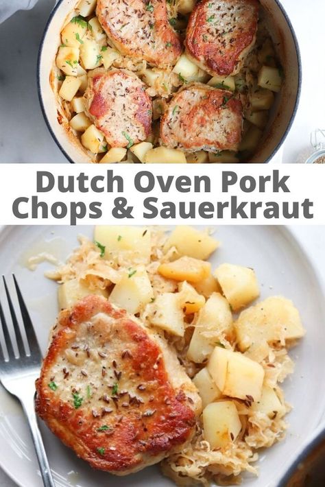 Pork Chops With Sauerkraut And Apples, Pork Chops With Sauerkraut Baked, Sauerkraut And Porkchops, Sauerkraut And Pork Chops, Pork Chops And Sauerkraut In Oven, Pork Chops Sauerkraut, German Pork Chops, Sauerkraut Potatoes, Dutch Oven Pork Chops