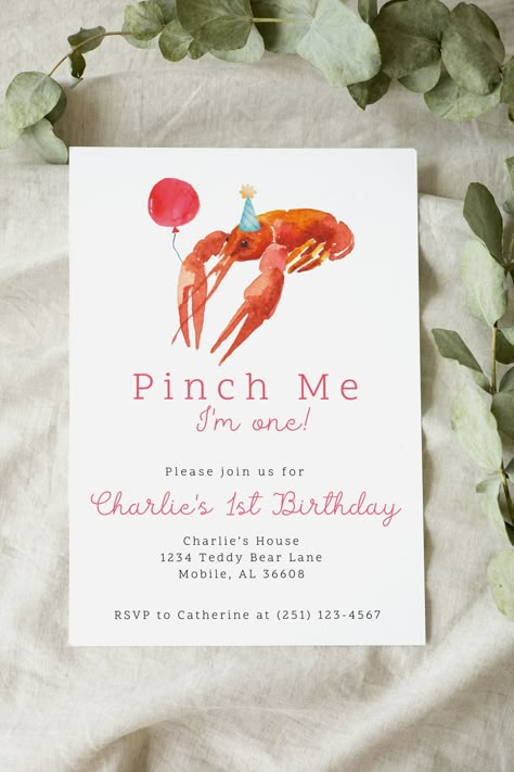 Louisiana First Birthday, You’re The One That I Want Birthday Party, Pinch Me I’m One Crawfish Party, Cajun First Birthday, Summer Birthday Party Ideas For Boys 1st, 1 Year Birthday Party Themes, Crawfish First Birthday Party, One Year Old Birthday Themes, Summer First Birthday Theme