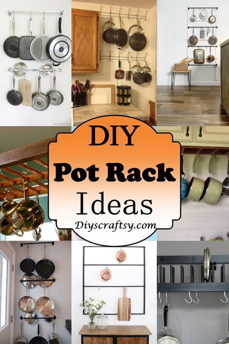 Diy Pots And Pans Rack, Pot Rack Wall, Pan Holder Diy, Hanging Pot Racks, Pan Rack Wall, Hanging Pots In Kitchen Ideas, Pot Wall Hanger, Kitchen Pan Holder, Pan Hanging Ideas