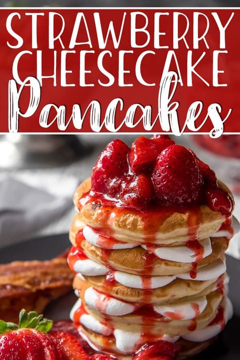 Why not have breakfast and dessert on one plate with a batch of these Strawberry Cheesecake Pancakes! Fluffy cream cheese-stuffed pancakes, whipped cream, and homemade strawberry sauce - they totally blow any restaurant version out of the water with their decadence! Cheesecake Stuffed Pancakes Recipe, Ihop Cheesecake Pancakes, Breakfast Recipes Restaurant, Strawberry Cheesecake Crepes, Cheesecake Filling For Pancakes, Cracker Barrel Strawberry Cheesecake Pancakes, Cracker Barrel Stuffed Cheesecake Pancakes, Strawberries And Cream Pancakes, Strawberry Cheesecake Pancakes Easy