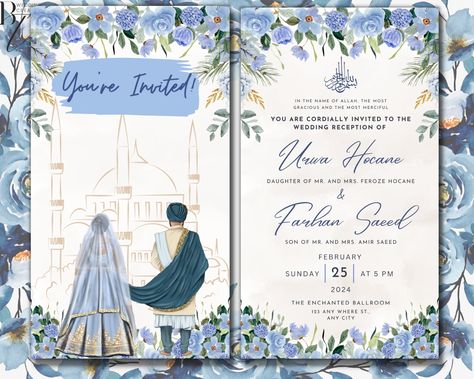 Animated Digital Nikkah Ceremony Shaadi Walima Wedding Engagement Muslim Desi Invitation Invite Card Template Floral Regal Ice Blue Masjid by BTWeddingCreations on Etsy Desi Invitation Cards, Wedding Invitation Cards For Muslims, Walima Invitation Card Template, Nikkah Cards Invitations Template, Desi Wedding Cards, Nikkah Invitation Cards Template, Muslim Engagement Invitation Cards, Wedding Card Design Muslim, Muslim Wedding Card Template