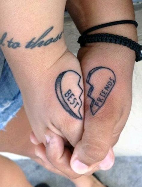 best friend tattoos ideas, friends holding hands with matching heart tattoo Bff Tats, Him And Her Tattoos, Matching Friend Tattoos, Matching Best Friend Tattoos, Bestie Tattoo, Couple Tattoos Unique, Tattoo Trend, Tattoos Geometric, Bff Tattoos