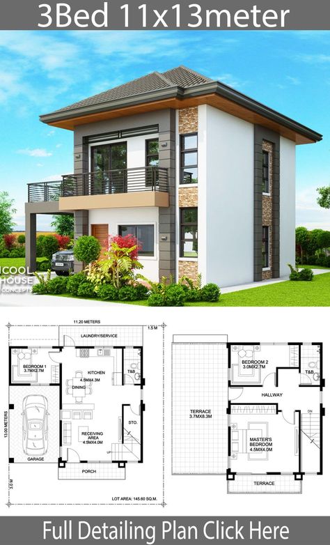 House Design 11x13m With 3 Bedrooms - Home Design With Plansearch Philippines House, Philippines House Design, Philippine Houses, Two Story House Design, 2 Storey House Design, 2 Storey House, Two Story House, Simple House Design, House Plan Gallery