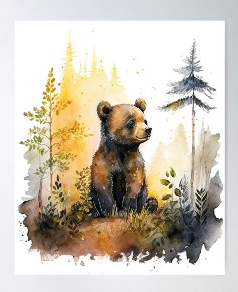 Cubs Poster, Bear Sitting, Bear Paintings, Bear Cub, Brown Babies, Baby Fox, Bear Cubs, Watercolor Drawing, Cute Bear