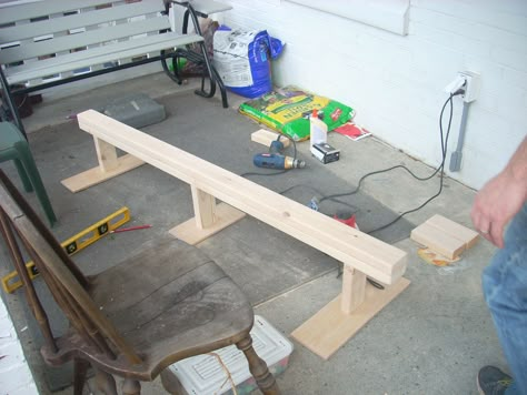 Easy DIY balance beam with some height for about $10. (2) 2x4's cut 6 ft (buy 8ft pieces) the additional 2 2ft (3) or (6)for additional sturdiness 8 inch pieces. Plywood cut 2ft wide and 6inches across. 21/2 and 3 inch wood screws. Sand edges smooth. Attach legs to one 2x4 with 3inch screws and then attach 2x4's to each other with 21/2 screws. Attach base and done. Diy Wood Balance Beam, Backyard Gymnastics Diy, Diy Balance Beam Gymnastics, Balance Beam Diy, Diy Gymnastics Equipment, Diy Balance Beam, Gymnastic Equipment, Gymnastics Beam, Diy Paper Art