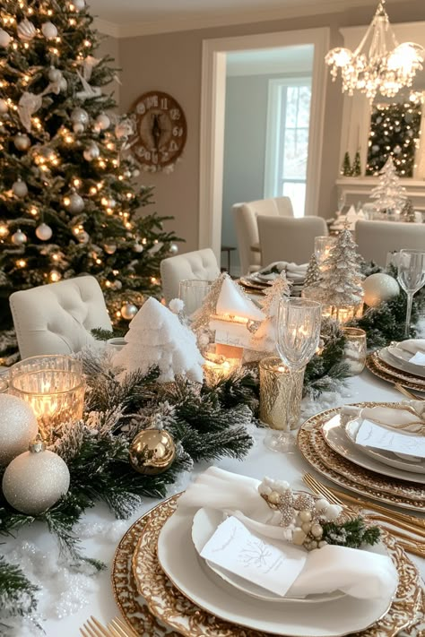 25 Amazing Christmas Tablescape Ideas (Table Decor) - Barefoot Budgeting Christmas Table White And Gold, White Christmas Dessert Table, White Christmas Dining Table Decor, Christmas Dinner Ideas Table, Dinner En Blanc Table Decor, Christmas Table Settings White, Xmas Dining Table Decor, Gold Christmas Table Decorations, White And Gold Christmas Table