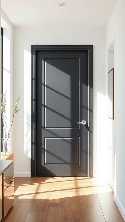 10 Trending Interior Door Colors for Modern Homes Trending Door Design, Painting Trim And Doors Dark, Gray Walls Gray Doors, Gray Inside Doors, Light Floors Black Doors, European Doors Interior, White Door Dark Trim, Charcoal Baseboards And Trim, Black Accent Doors Interior