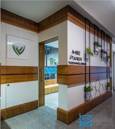 Parex Office | 9 Degree Design Studio | Ahmedabad - Interiorlover Architect Office Interior, Office Exterior, Small Office Design Interior, Office Wall Design, Small Office Design, Main Entrance Door Design, Office Table Design, Brick Cladding, Office Interior Design Modern