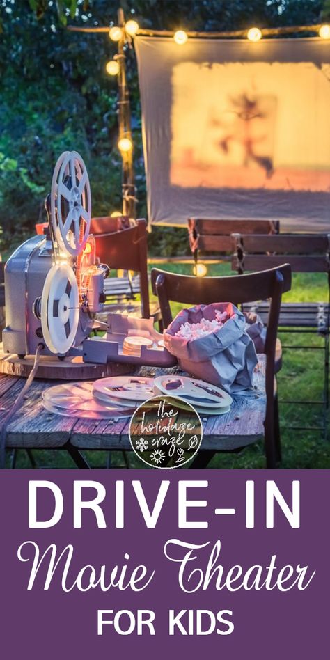 With summer nights here for a while, it’s time to get off your couch and make some memories with your family! There are a lot of ways that you can do that, but one of my favorites is to host a Drive-In movie theater for your kids in your own driveway. How do you throw a Drive-In movie theater for your kids? Follow these instructions! #driveinmovietheather #drivein #theater #movietheater #movies #summer #familyactivities #summeractivities Drive In Movie At Home, Movie Theather, Vintage Popcorn Machine, Cardboard Car, Drive In Movie Theater, Be With You Movie, Drive In Theater, Holiday Tablescapes, Drive In Movie