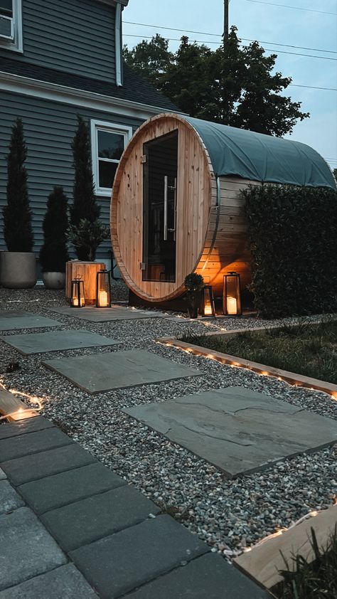 Sauna, patio decor, backyard oasis, outdoor lanterns #outdoorpatioideas #sauna #backyard Sauna Backyard, Sauna Patio, Backyard Sauna, Adu Ideas, Backyard Spa, Sauna House, Hot Tubs Saunas, Traditional Saunas, Barrel Sauna