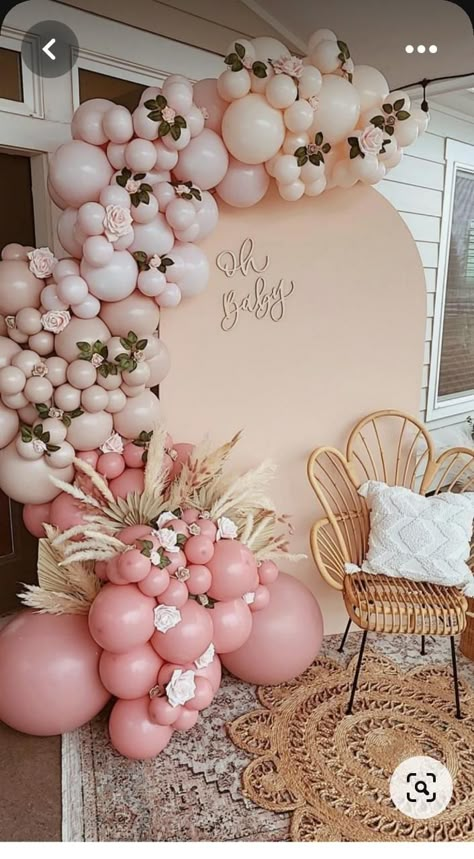 Pink And Ivory Balloon Garland, Balloon Arch For Quinceanera, Pink Boho Balloon Arch, Floral Theme Backdrop, Flower Wall With Balloon Arch, Balloon Flower Backdrop, Pink Balloons Garland, Blush Pink Balloon Arch, Baptismal Backdrop Girl