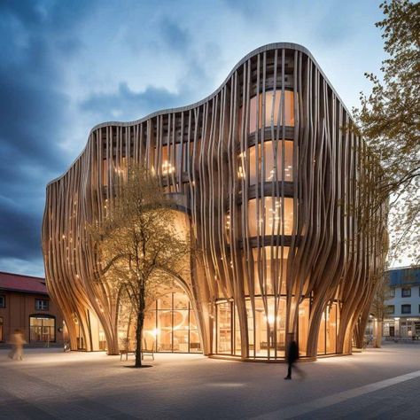 Timber Building Concept Timber Buildings Architecture, Mass Timber Architecture, Organic Facade, Architecture Massing, Interesting Facade, Facade Decor, Facade Wood, Curve Building, Organic Building