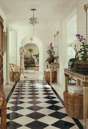 black white checker board checkerboard tile flooring hallway pool house foyer vintage hollywood regency classic eclectic interior design Classic Tile Floor, Checkered Flooring, Entryway Tile, Tiled Hallway, White Tile Floor, Ceramic Floor Tile, Eclectic Interior Design, Classic Tile, Black And White Tiles