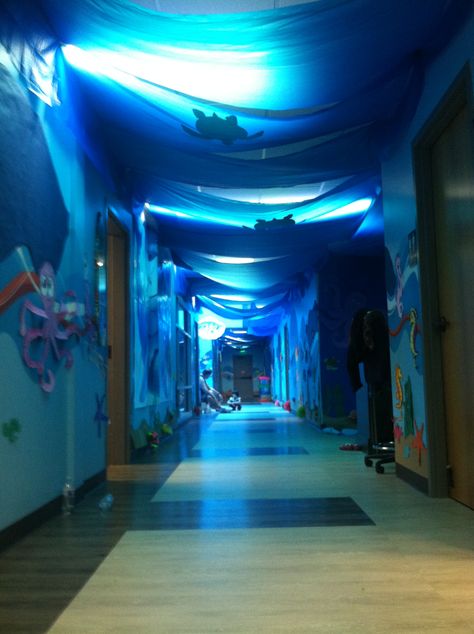 Underwater hallway decoration for ocean commotion vbs Underwater Hallway Decorations, Summer Hallway Decorations School, Underwater Cyberpunk, Underwater Hallway, Ocean Theme School, Under The Sea Hallway Decorations, Homecoming Hallway Decorations, Homecoming Hallways, Ocean Commotion Vbs