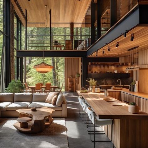 Modern Style Cabin, Cabin Modern House, Modern Lakehouse Interiors, Modern Cabin House Interiors, Modern Cabin Style Home, Modern Mountain House Interior Design, Modern Rustic Mountain Home Interiors, Modern Woodsy Home, Log Cabin Homes Interior Modern