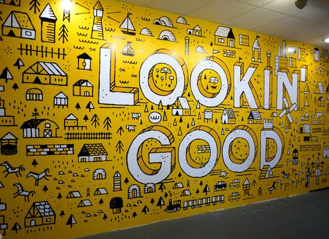 Wall Graphics Design, Office Wall Graphics, Photowall Ideas, Office Mural, Office Wall Design, School Murals, Office Branding, Yellow Wall, Cafe Wall