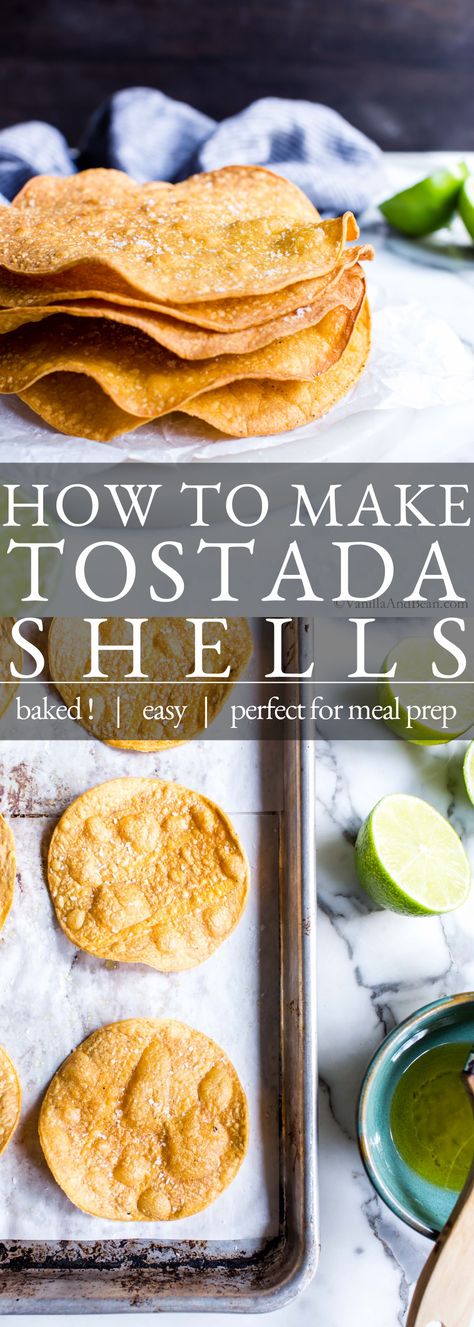 1. Tostada Shells stacked up sprinkled with salt. 2. Small tostada shells on a sheet pan. Making Tostada Shells In Oven, Flour Tortilla Tostadas, Crispy Tortillas In Oven, Tortilla Shells In Oven, Tostado Shell Recipes, Tostadas With Corn Tortillas, Baking Corn Tortillas In Oven, Baking Tortillas In The Oven, Oven Baked Tortillas