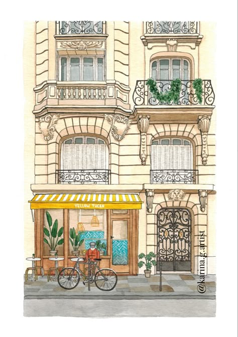 Watercolor painting urban illustration shopfront building facade architecture cafe coffee paris French Cafe Drawing, Bakery Reference, Paris Facade, Paris Cafe Painting, Paris Cafe Photography, Paris Draw, Watercolour Buildings, Drawing Rain, Paris Building