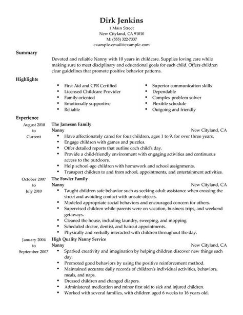 Nanny Resume, Resume Profile Examples, Babysitter Resume, Nanny Job Description, Nanny Job, Resume Summary Examples, Resume Profile, Free Resume Builder, Resume Template Examples