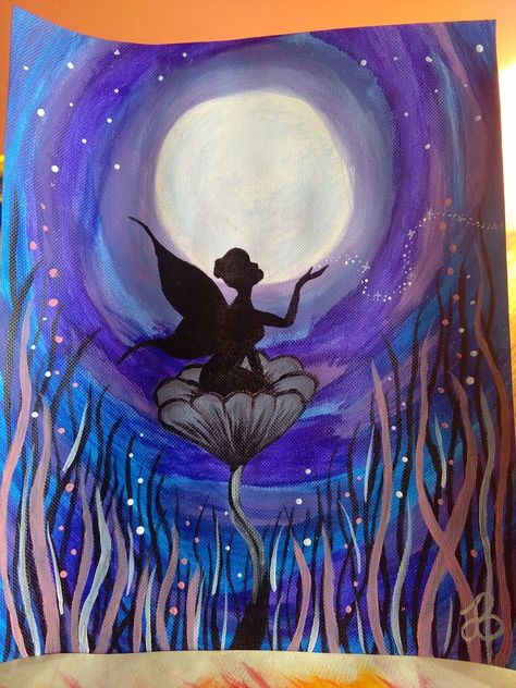 Whimsical Art Paintings Fairies, How To Paint Fairies, Fairytale Painting Easy, Easy Fairy Painting, Fairy Acrylic Painting, Acrylic Painting Moon, Painting Library, Kids Painting Party, Painting Moon