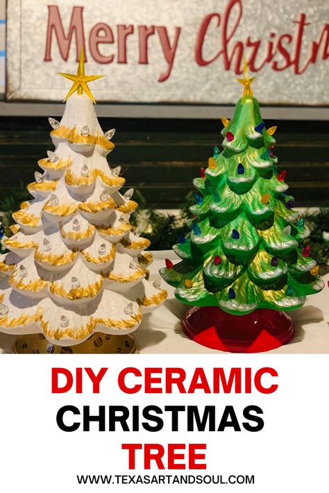 Painted Ceramic Christmas Trees Pin for Pinterest Retro Ceramic Christmas Tree, Pottery Christmas Trees Diy, How To Paint A Ceramic Christmas Tree, Ceramic Trees Christmas, Ceramic Christmas Trees Diy, Ceramic Christmas Trees Painting Ideas, Painting Ceramic Christmas Tree, Painted Ceramic Christmas Trees, Diy Ceramic Christmas Tree