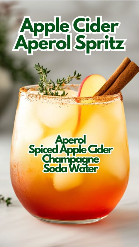 Apple Cider Aperol Spritz Cinnamon Sugar Rim, Aperol Spritz Recipe, Spritz Recipe, Apple Cocktail, Drink Garnishing, Cider Cocktails, Spiced Apple Cider, Best Cocktail Recipes, Mixed Drinks Recipes