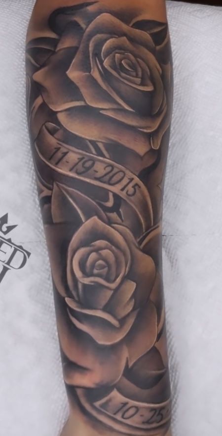 Rose Tattoo Ideas For Men Forearm, Forearm Memorial Tattoos For Men, Loved One Tattoo Passed Sleeve, Flower Half Sleeve Tattoo Men, R.i.p Tattoo Ideas, Dedication Tattoos For Men, Memorial Sleeve Tattoo For Men, Men’s Half Sleeve Tattoo Ideas, Rose Leg Tattoo Men