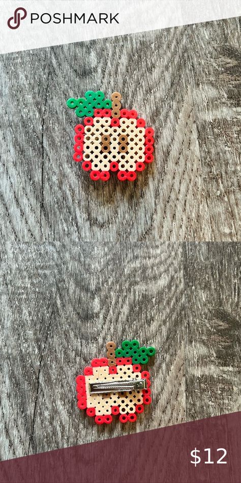 Apple Fruit Perler beads hair clip barrette handmade Perler Bead Hair Clip, Fruit Perler Beads, Bead Hair Clip, Bead Hair, Beads Hair, Beaded Hair Clips, Pearl Beads Pattern, Beads Pattern, Apple Fruit