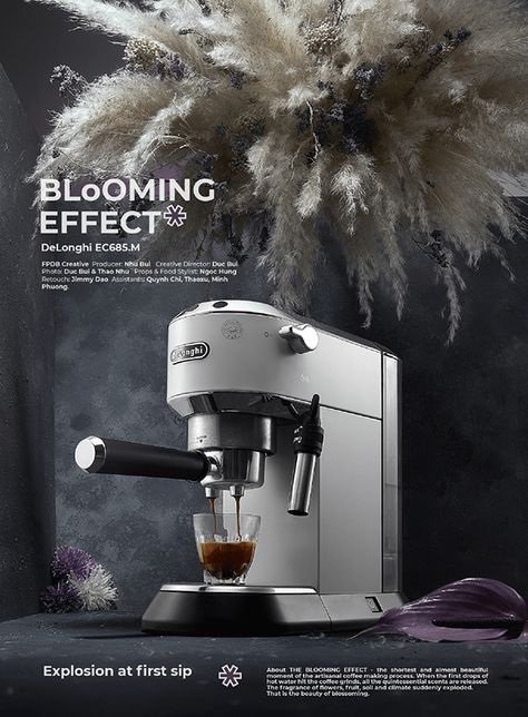 DELONGHI - THE BLOOMING EFFECT on Behance Coffee Machine Photography, Coffee Machine Poster, Ads Creative Advertising Ideas, Infographic Design Layout, Restaurant Branding Design, Coffee Fashion, Creative Advertising Campaign, Bead Weaving Tutorials, Coffee Poster