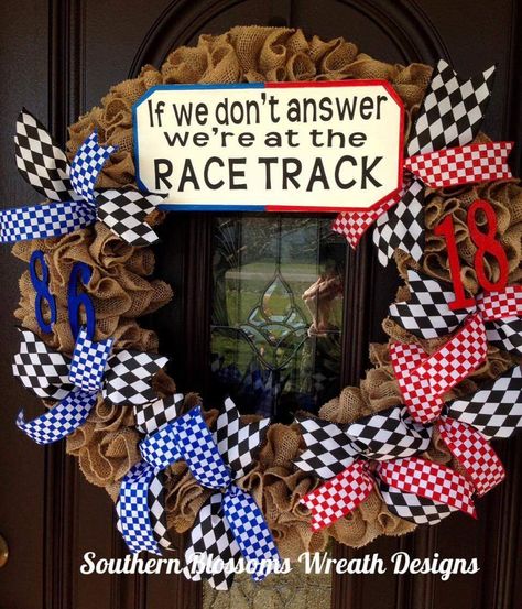 Racing Quotes, Burlap Wreath Diy, Western Graphic Tees, Deco Wreaths, Dirt Track Racing, Dirt Track, School Themes, Wreath Designs, Race Track