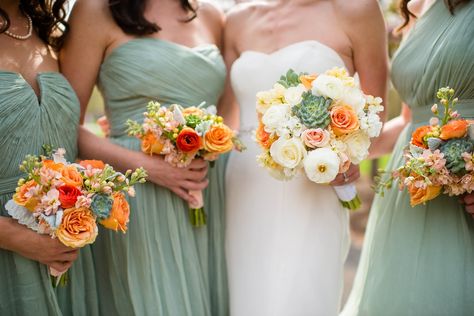 Photography: Stephanie Dee Photography - www.stephaniedeeblog.com  Read More: http://www.stylemepretty.com/2014/07/15/elegant-virginia-wedding-at-the-atrium-at-meadowlark-botanical-gardens/ Orange Wedding Cake, Romantic Bridesmaid Dresses, Orange Wedding Bouquet, Sage Green Wedding Colors, Burnt Orange Bridesmaid Dresses, Burnt Orange Wedding, Burgundy Bridesmaid Dresses Long, White Bridal Gown, Burnt Orange Weddings