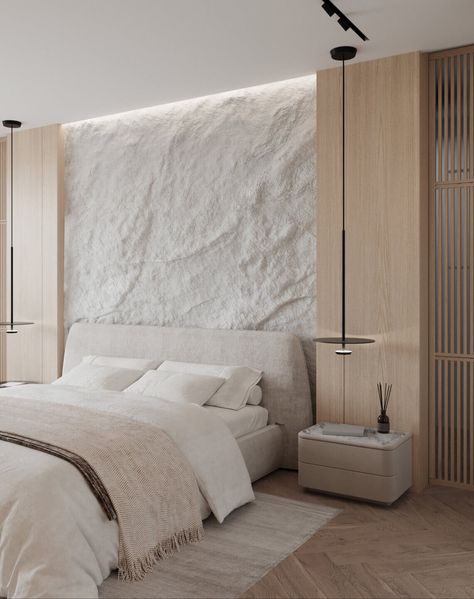 Portfolio - K3N Bedroom Inspirations Aesthetic Korean, White And Wooden Home Decor, Bedroom Ideas Wood And White, Cool House Interior Dream Homes, Japandi Design Bedroom, Japandi Master Bedrooms Decor, Bed Wall Panel, Bed Wall Ideas, Japandi Interiors Bedroom