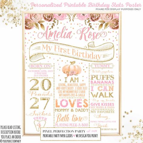 PUMPKIN BIRTHDAY POSTER Pumpkin Stats by PixelPerfectionParty Milestone Chart, Pumpkin First Birthday, First Birthday Chalkboard, Pumpkin Birthday, Birthday Chalkboard, Birthday Board, Birthday Poster, Beer Label, Floral Baby