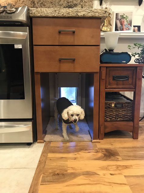 Custom Cabinets made for a doggy door in Flagstaff, Arizona done by KTU franchise owner Dog Door Cabinet, Dog Door In Cabinet, Diy Furniture Dog Crate, Large Dog Door, Toe Kick Drawer, Dog Room Decor, Dog Crate Furniture, Old Cabinets, Installing Cabinets